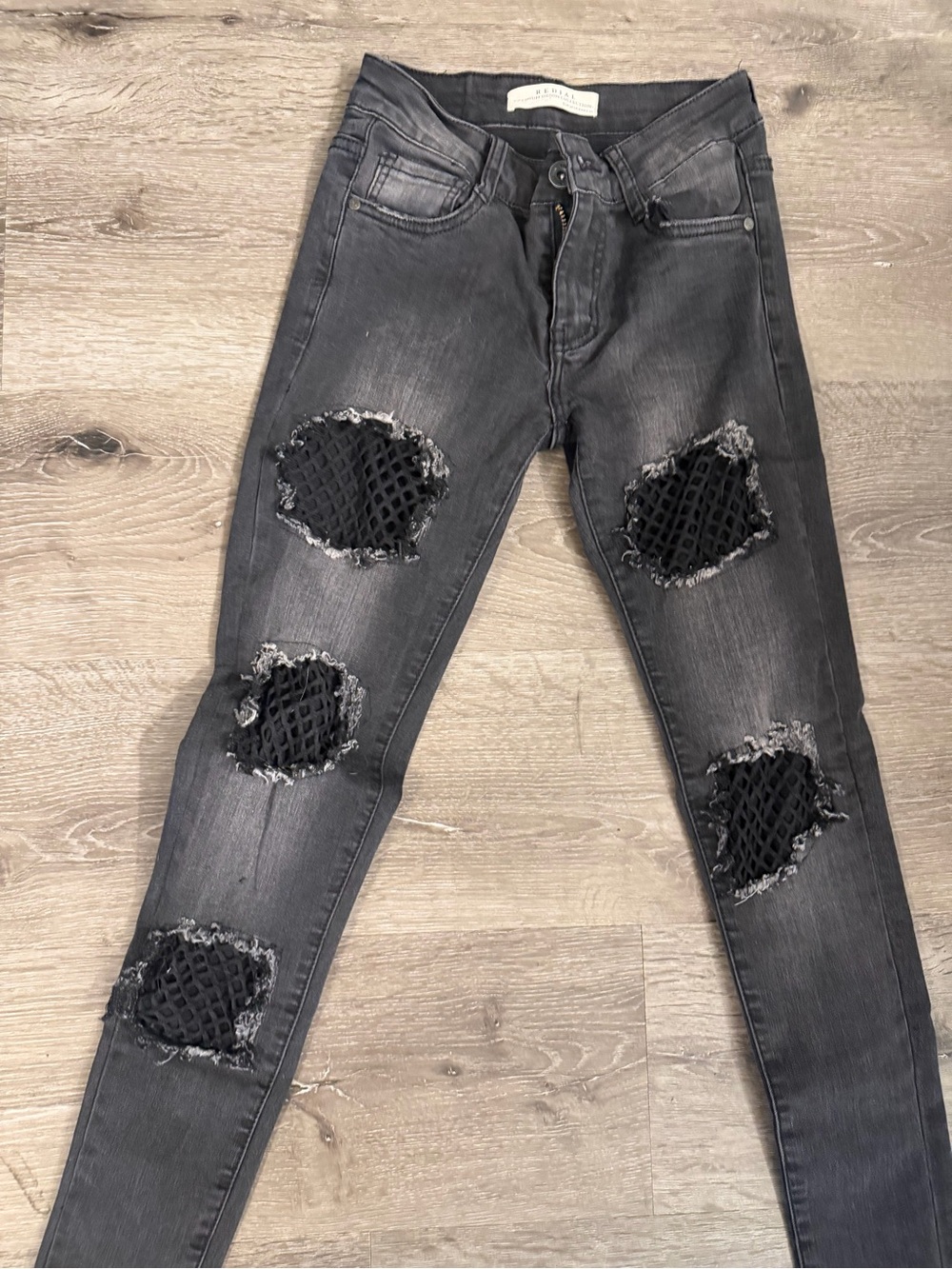 Skinny Gray Distressed Jeans with Black Fishnet Panels